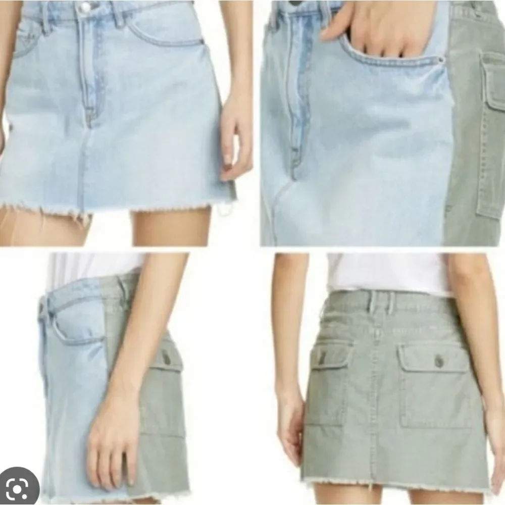 Frame Canteburry Blue Green Raw Hem Mixed Media Le Cargo Mini Denim Skirt 28